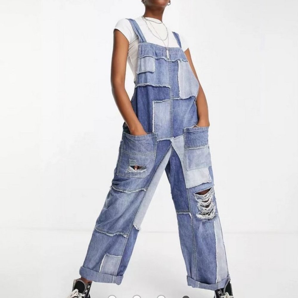 We the Free People Baggy Denim Jumpsuit Fern Overalls Patchwork Raw Hem Grunge